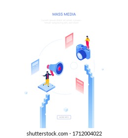 Mass media - modern isometric vector web banner on white background with copy space for text. An illustration with a man holding a megaphone, a girl with camera. Digital marketing, promotion theme