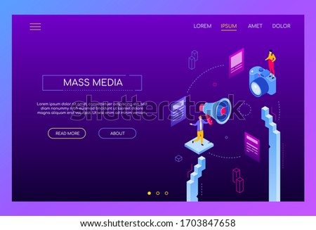 Mass media - modern isometric vector web banner on white background with copy space for text. An illustration with a man holding a megaphone, a girl with camera. Digital marketing, promotion theme