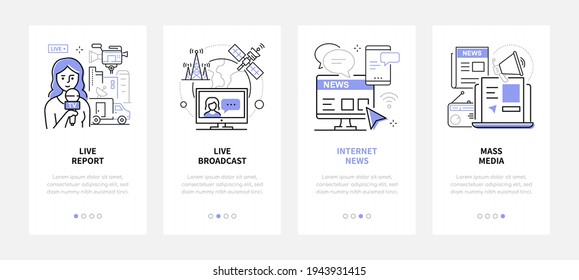 Mass media - modern line design style web banners with copy space for text. Carousel posts with a journalist, radio, newspaper and online channel. Live report and broadcasting, Internet news