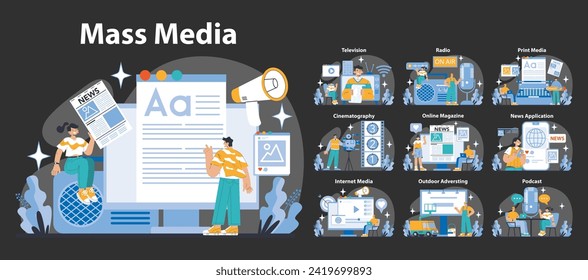 Mass media night or dark mode set. Diverse digital platforms and broadcasting methods. Engaging content creation and sharing. Communication technology evolution. Flat vector illustration.