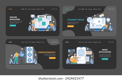 Mass media night or dark mode web or landing page set. Online Magazine, Internet Media, Cinematography, and News Application portals. Contemporary digital journalism and entertainment.