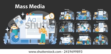 Mass media night or dark mode set. Diverse digital platforms and broadcasting methods. Engaging content creation and sharing. Communication technology evolution. Flat vector illustration.