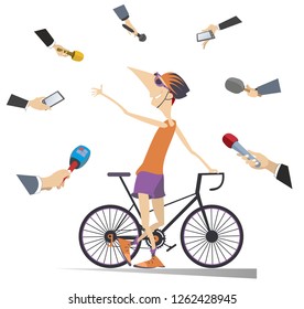 Mass media obtain an interview from the cyclist illustration. Reporters interview a smiling and proud cyclist isolated on white illustration
