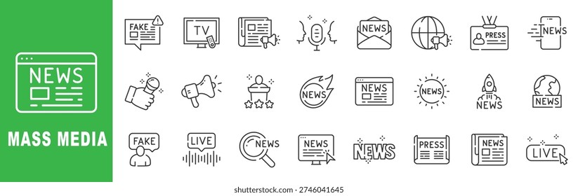 Mass media outline icon set featuring news, journalism, broadcast, live reporting, press coverage, editable stroke vector design.
