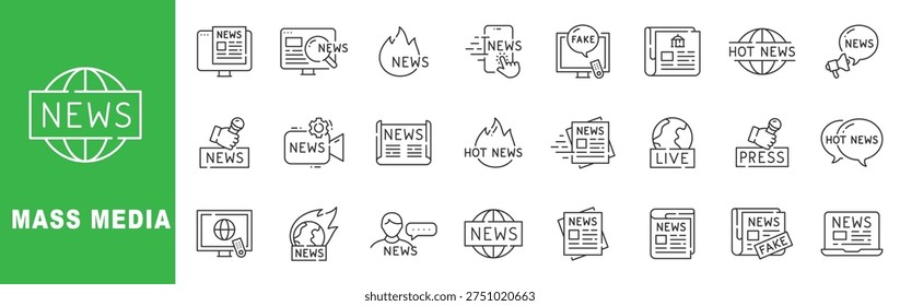 Mass media outline icon set featuring breaking news, journalism, press coverage, live broadcast, editable stroke vector design.
