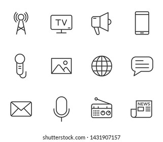 mass media outline vector icons set isolated on white background. media line icons for web and ui design. media business concept