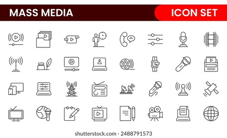 Mass media outline vector icons large set isolated on white background. media business concept. Media outline icons set.