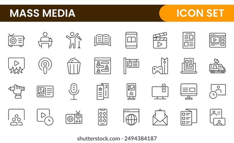 Mass media outline vector icons large set isolated on white background. media business concept. Media outline icons set.