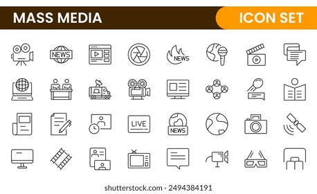 Massenmedien Umriss Vektor-Icons große Set isoliert auf weißem Hintergrund. Medien Business Konzept. Mediensymbole festgelegt.