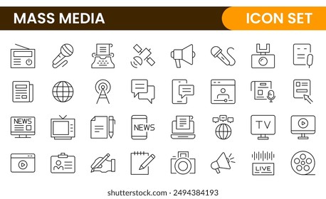 Mass media outline vector icons large set isolated on white background. media business concept. Media outline icons set.