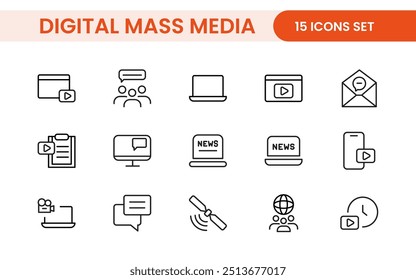 Mass media outline vector icons large set isolated on white background. media business concept. Media outline icons set.