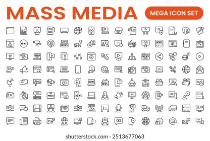 Mídia de massa esboço de ícones vetoriais grande conjunto isolado no fundo branco. conceito de negócios de mídia. Definição de ícones de estrutura de tópicos de mídia.