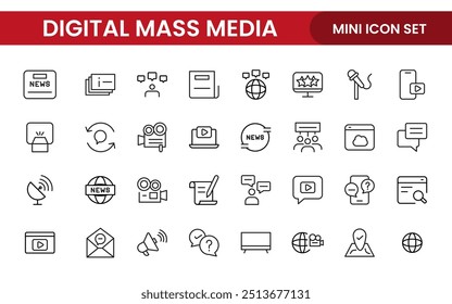 Mass media outline vector icons large set isolated on white background. media business concept. Media outline icons set.