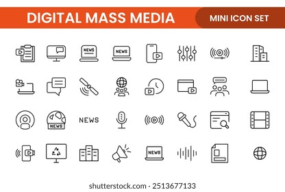 Mass media outline vector icons large set isolated on white background. media business concept. Media outline icons set.