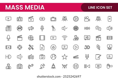 Mass media outline vector icons large set isolated on white background. media business concept. Media outline icons set.