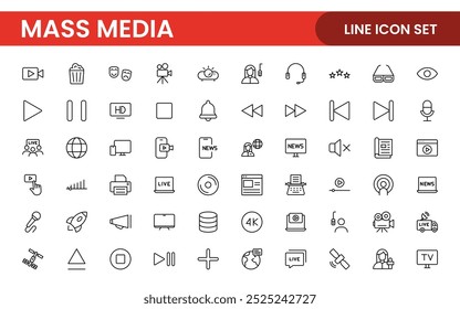 Mass media outline vector icons large set isolated on white background. media business concept. Media outline icons set.