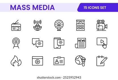 Mass media outline vector icons large set isolated on white background. media business concept. Media outline icons set.