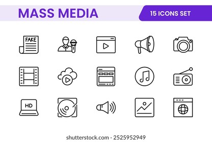 Mass media outline vector icons large set isolated on white background. media business concept. Media outline icons set.