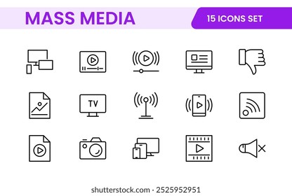 Conjunto Grande de iconos de vectores de contorno de medios de comunicación aislados sobre fondo blanco. concepto de negocio de medios. Conjunto de iconos de contorno de medios.
