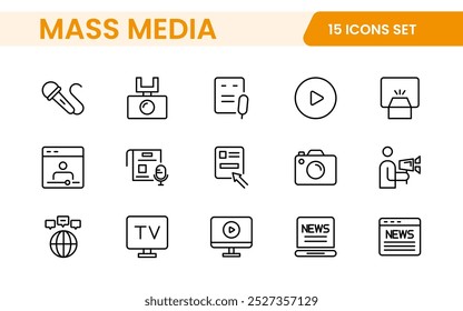 Mass media outline vector icons large set isolated on white background. media business concept. Media outline icons set.