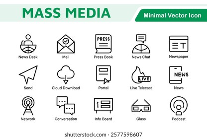 Mass media outline vector icons large set isolated on white background. media business concept. Media outline icons set.