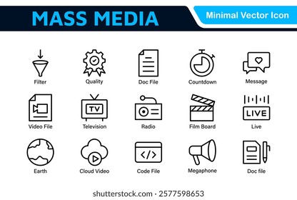 Mass media outline vector icons large set isolated on white background. media business concept. Media outline icons set.