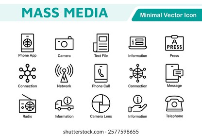 Mass media outline vector icons large set isolated on white background. media business concept. Media outline icons set.