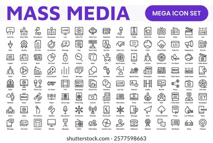 Mass media outline vector icons large set isolated on white background. media business concept. Media outline icons set.