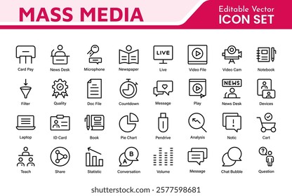 Mass media outline vector icons large set isolated on white background. media business concept. Media outline icons set.