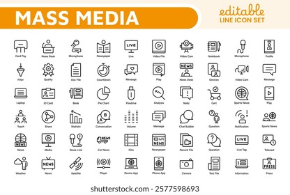 Mass media outline vector icons large set isolated on white background. media business concept. Media outline icons set.