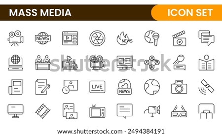 Mass media outline vector icons large set isolated on white background. media business concept. Media outline icons set.