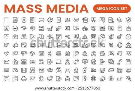 Mass media outline vector icons large set isolated on white background. media business concept. Media outline icons set.