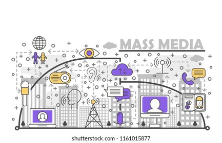 Mass media poster banner template. Vector thin line art flat style design elements, icons for website banners and printed materials.