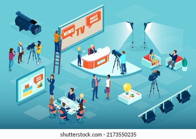 Mass media production process and business management with journalists preparing news materials, operators and interviewers and business executives discussing  finances. 