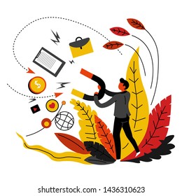 Mass media resources and global network digital marketing abstract concept vector man marketologist with magnet money and advertisement business and sales attraction abstract concept promotion