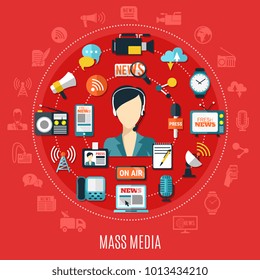 Mass media round design concept with elements of classic and Internet journalism on red background flat vector illustration