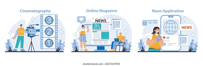 Mass media set. Blending Cinematography, Online Magazine, and News App interfaces. Digital revolution in content access and distribution. Multimedia engagement channels. Flat vector illustration.