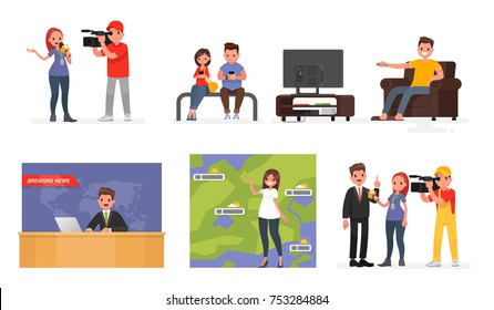 Mass media. A set of characters, leading news and journalists, people reading the news on the Internet and the person who watches TV. Vector illustration in a flat style