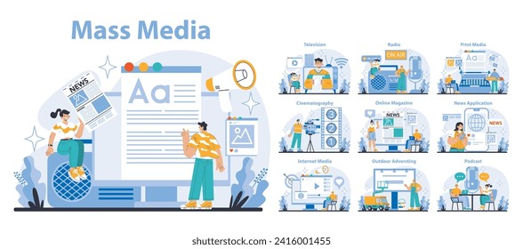 Mass media set. Diverse digital platforms and broadcasting methods. Engaging content creation and sharing. Communication technology evolution. Flat vector illustration.