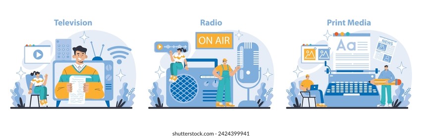 Mass Media set. Intricate workings of Television, Radio, and Print. The interconnectivity of various broadcasting and publishing mediums. Media evolution and consumer interaction. Vector illustration.