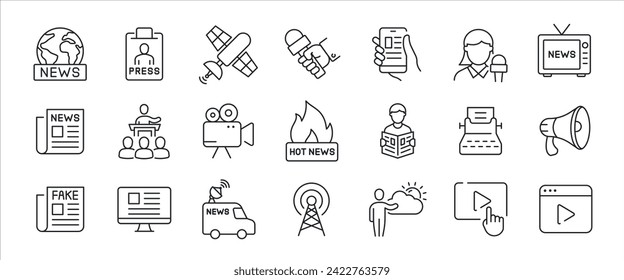 Mass media simple minimal thin line icons. Related news, reporter, journalisme, press. Vector illustration.