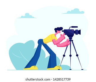 Mass Media Staff, Announcement of Live News, Broadcasting with Cameraman Recording Tv Program with Professional Camera Outdoors. Reportage, Journalistic Reporter Job. Cartoon Flat Vector Illustration