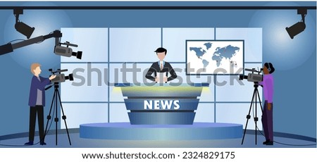 mass media television with presenters in studio vector illustration, Tv studio live news, backstage television production scene, mass media industry, entertainment industry
