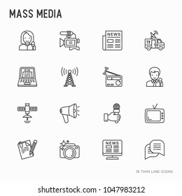Mass media thin line icons set: journalist, newspaper, article, blog, report, radio, internet, interview, video, photo. Modern vector illustration.