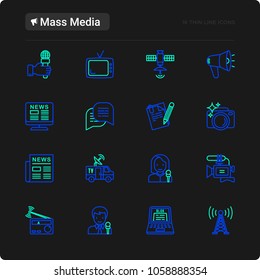 Mass media thin line icons set: journalist, newspaper, article, blog, report, radio, internet, interview, video, photo. Modern vector illustration for black theme.