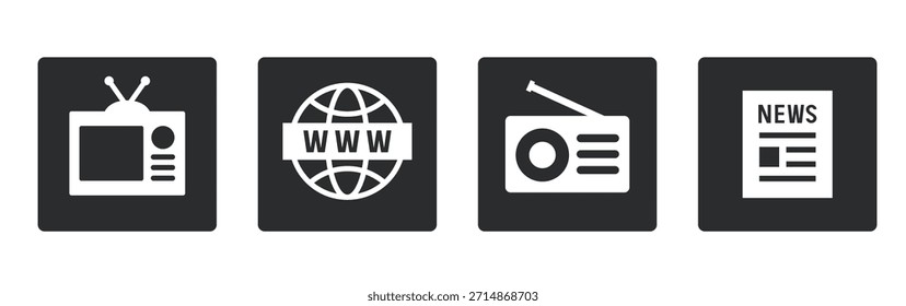 Medios de comunicación. Conjunto de iconos planos de Vector aislados sobre fondo blanco.
