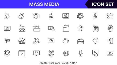 Ícones de linha de vetor de mídia de massa com jornais, microfones, câmeras, telas de TV, radiodifusão, mídias sociais, jornalismo, comunicação e símbolos de distribuição de notícias.