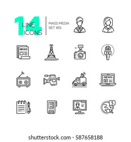 Mass media - vector modern single line icons set. Man, woman, newspaper, camera, microphone, radio, camcorder, laptop, notepad, pen, recorder, monitor, globe, car.