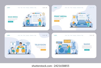 Mass media web or landing page set. Interfaces showcasing Mass, Print, Television, and Radio Media. Digital content convergence with traditional formats. User-friendly web experience.