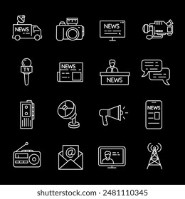 Mass media, white line icons. Icons representing various forms of media and communication. Ideal for journalism and communication themes. Symbols on black background. Editable stroke.